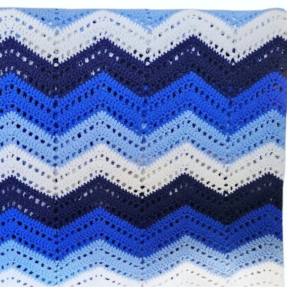 Vintage Crochet Afghan Blanket Handmade Canada Blue Chevron 72” Square Coastal - Picture 2 of 5